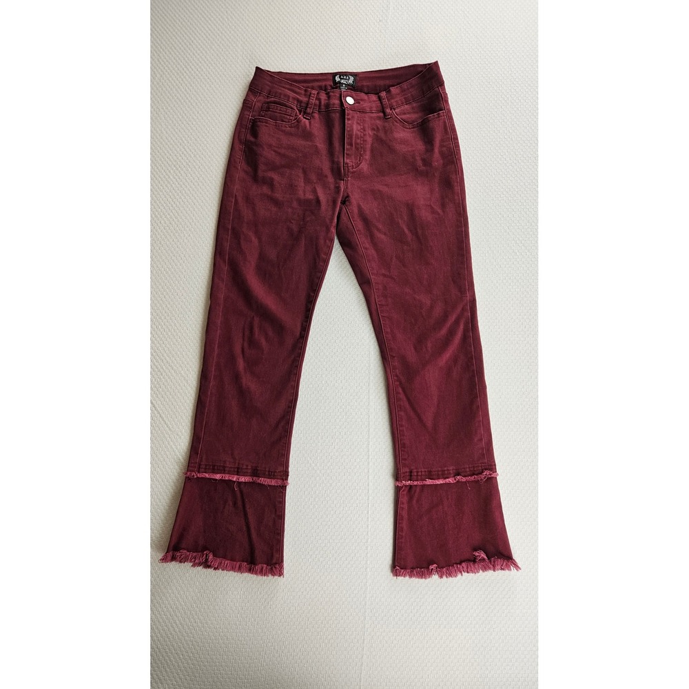 AZI New York Burgundy Raw Fringe Hem Festival Straight Leg Jeans Womens 8 Maroon